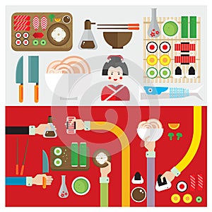 Vector set sushi food japan symbol hand and arm