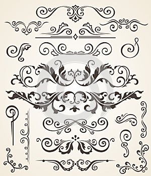 Vector set of Swirl Elements and Corners for design. Calligraphic page decoration, Labels, banners, baroque Frames