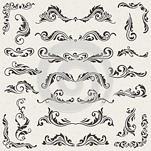 Vector set of Swirl Elements for design. Calligraphic page decoration, Labels, banners, antique and baroque Frames