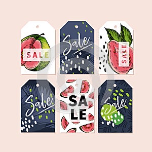 Vector set of tag badges. Summer sale. Tropical trendy theme. Palm leaves, hand drawn guava. Business promotion