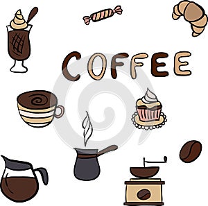 Vector set of tasty coffee hand drawn doodles
