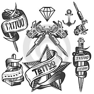 Vector set of tattoo vector labels in vintage style. Tattoo salon logos and machine on white background.