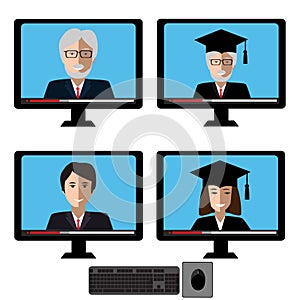 Vector set with teachers male and female fases in computer screen. Design elements for business or education concept.