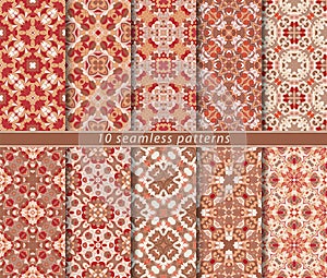 Vector set of ten seamless abstract patterns in ethnic style.