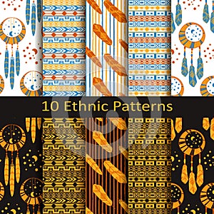 Vector set of ten seamless ethnic boho patterns with feathers