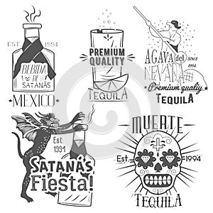 Vector set of tequila labels in vintage style. Mexican alcohol drink, berida. Hand drawn menu design elements, icons photo