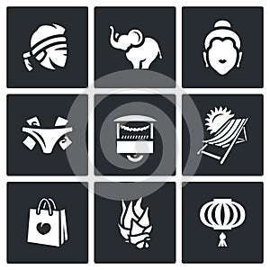 Vector Set of Thailand Icons. Muay Thai, elephant, Buddha, Prostitution, Fast Food, Travel, Shopping, Dragon Fruit