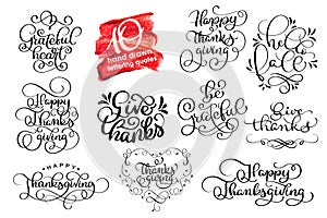 Vector set Thanksgiving lettering for invitations or festive greeting cards. Handwritten calligraphy Grateful Thankful