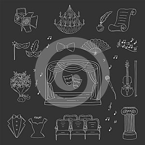 Vector set of theater icons hand drawn, doodle.