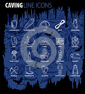 Vector set of thin line Icons - caving speleo travel