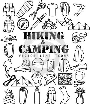 Vector set of Thin line Icons - white water rafting travel objects