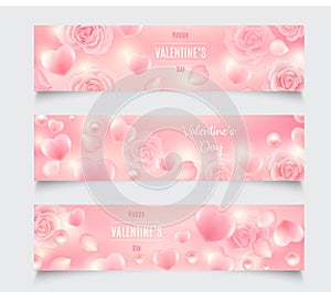 Vector set of three Valentines Day header designs. Wallpaper, flyers, voucher, banners.