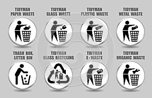 Vector set of tidy man icons with plastic, glass, paper, metal, organic, battery waste management signs. Trash, litter, rubbish photo