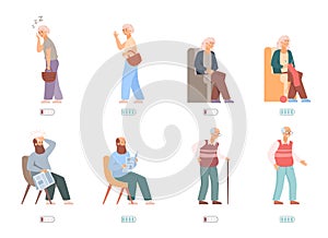A vector set tired sick and energetic healthy elderly characters.