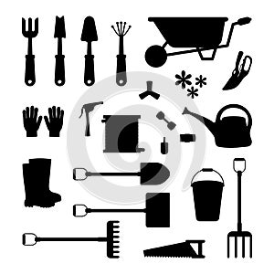 Vector set of tools for gardening.  Icon silhouette