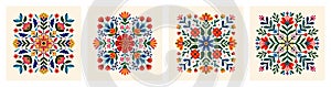 Vector set of traditional Mexican folk ornaments with symmetrical pattern of colorful flowers and leaves on light