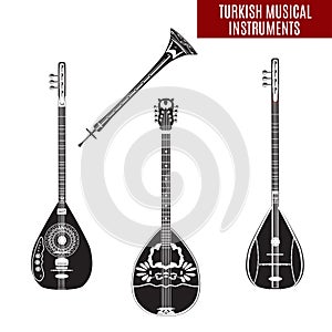 Vector set of traditional turkish musical instruments in flat style