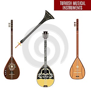 Vector set of traditional turkish musical instruments in flat style