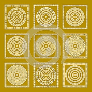 Vector set Traditional vintage golden square and round Greek ornament Meander border greece gold