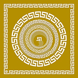 Vector set Traditional vintage golden square and round Greek ornament Meander and floral pattern on a black background