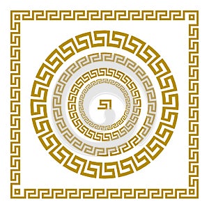 Vector set Traditional vintage golden square and round Greek ornament Meander and floral pattern on a black background