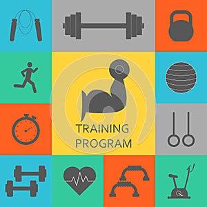 Vector Set of training program icons. Sport, fitness, gym workout