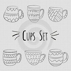 Vector set of transparent cups of tea, coffee, milk, draw with hands in Scandinavian style, doodle Isolated monochrome objects