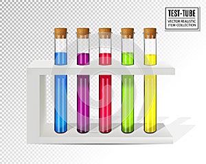 Vector set of transparent glass chemical laboratory test tubes with varicolored liquid isolated on transparent