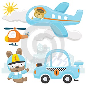 Vector set of transport cartoon with funny animals, transportation elements