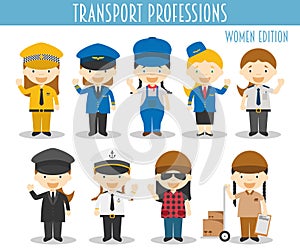 Vector Set of Transport Professions in cartoon style. Women Edition