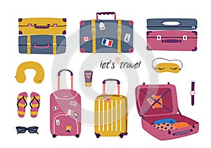 Vector set with travel stuff: luggage bags, suitcases, sunglasses, cosmetics, clothes. Trendy colorful vacation design elements