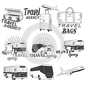 Vector set of travel and transportation labels in vintage style. Bus company, plane, bags illustration. Design elements