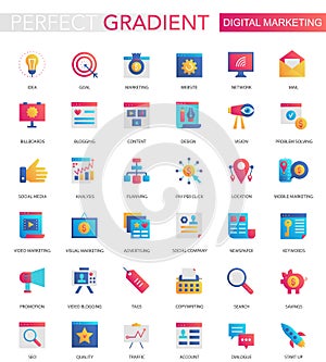 Vector set of trendy flat gradient Digital internet social media marketing icons.