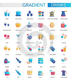 Vector set of trendy flat gradient drink icons. Various types of drinks.