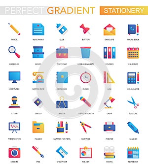 Vector set of trendy flat gradient office stationery icons.