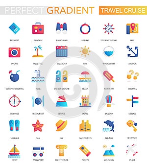 Vector set of trendy flat gradient Travel, journey, vacation, cruise icons.