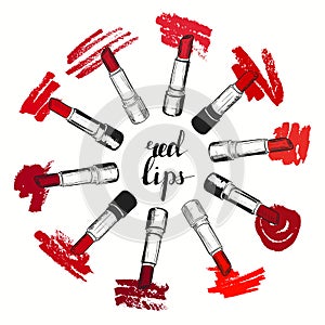 Vector set with trendy red shades of lipstick on white background. Round illustration in grunge sketch style with lipstick smears