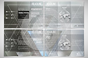 Vector set of tri-fold brochure design template on both sides with world globe element. Abstract blurred vector