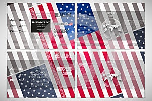 Vector set of tri-fold brochure design template on both sides with world globe element. Presidents day background