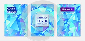 Vector set of triangle polygonal abstract background, facet crystal blue covers, flyers, brochures. Colorful gradient