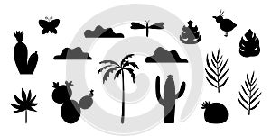 Vector set of tropical silhouettes. Black and white illustration of palm tree, cactus, clouds, leaves. Funny cute desert or jungle