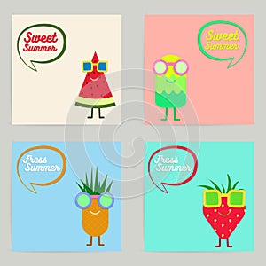 Vector Set of Tropical Summer Fruit Character Card Collection.  Summer sale background for poster, flyer,  brochure, voucher, bann