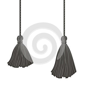 Vector Set of Two Black Hanging Decorative Tassels With Ropes. Great for graduation cards, invitations, hats, mockups