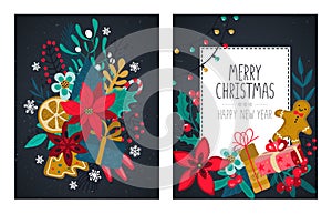 Vector set of two Christmas and New Year greeting cards with handwritten text, flowers, plants, holiday simbols
