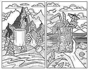 Vector set with two line art illustrations with a hand holding glass of fruit cocktail