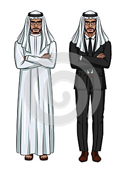 Vector set of two modern arabian businessmens standing with crossed arms isolated from white background