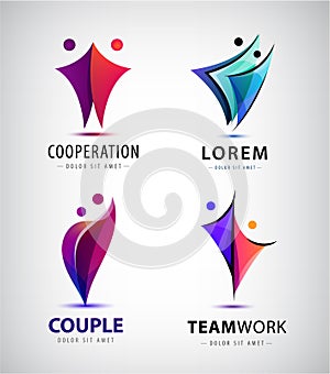 Vector set of two, pair, 2 people logos. Couple, team, friendship concept human signs. Connection and communication