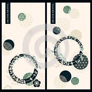 Vector set with two pastel cards in japanese style with floral and circle geometric decoration