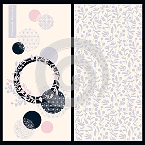 Vector set with two pastel cards in japanese style with floral and circle geometric decoration
