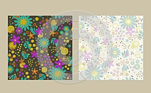 Vector set of two seamless floral patterns, dark and light